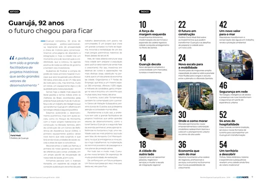 Páginas da revista com a reportagem Guarujá, 92 anos: o futuro chegou para ficar