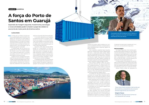 Páginas da revista com a reportagem A força do Porto de Santos em Guarujá