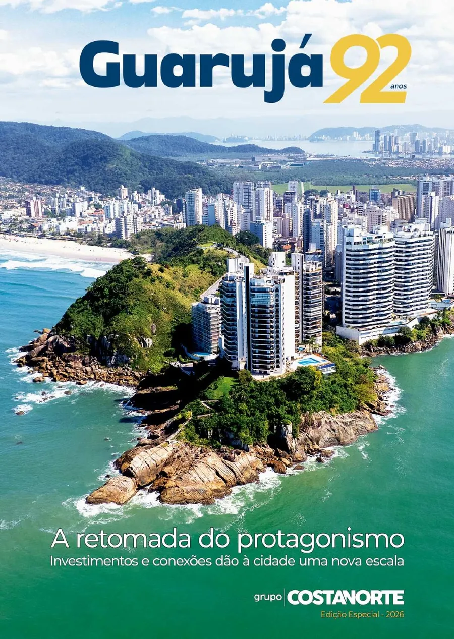 Capa da Revista Especial Guarujá 92 Anos: vista aérea da cidade e o título A retomada do protagonismo